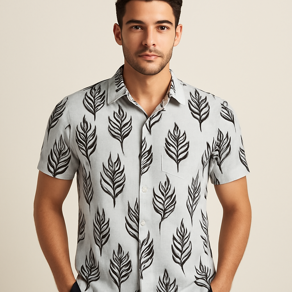 Botanical Leaf Print Shirt — Model Front View