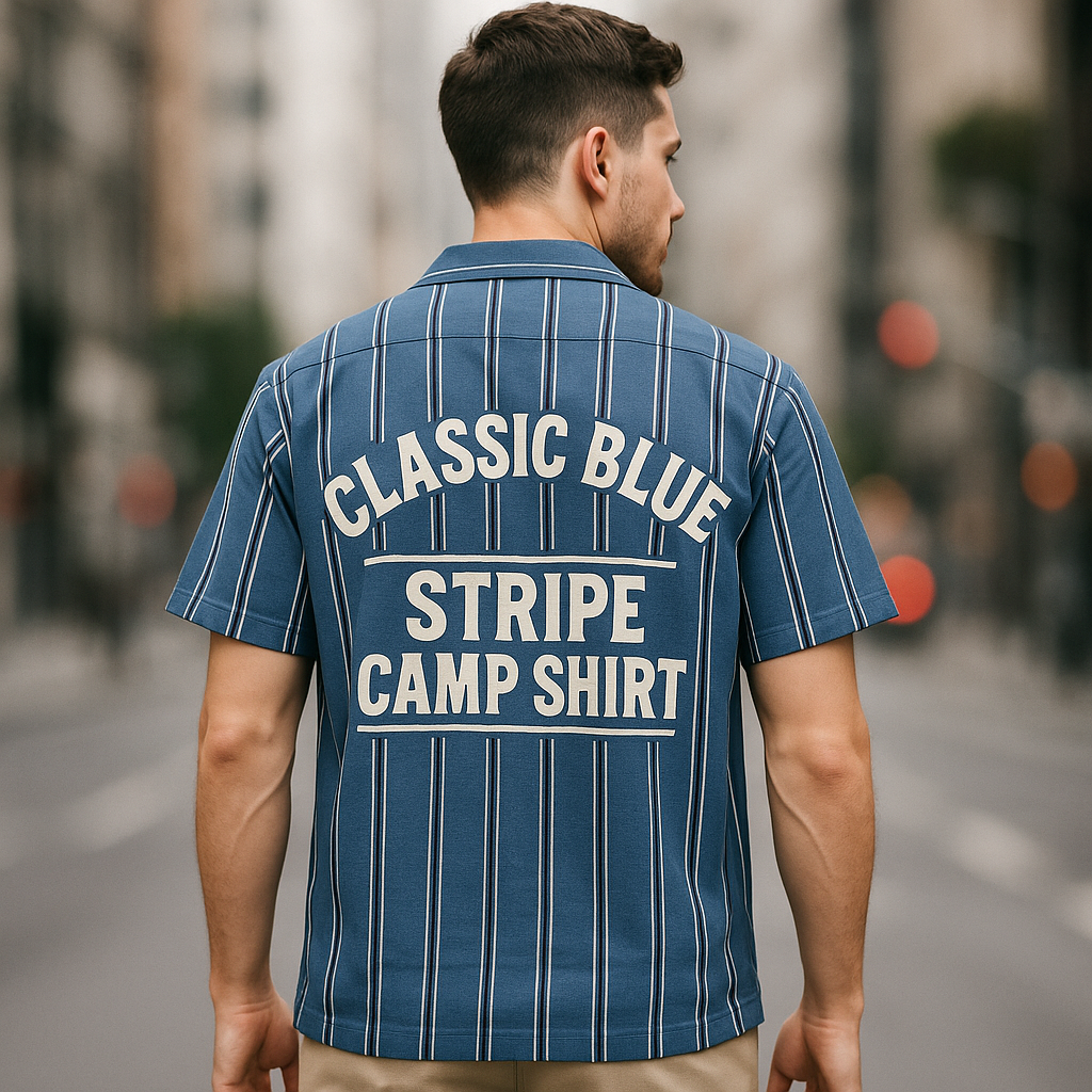 Classic Blue Stripe Camp Shirt — Model Back View