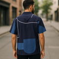 Indigo Patchwork Art Shirt — Model Back View