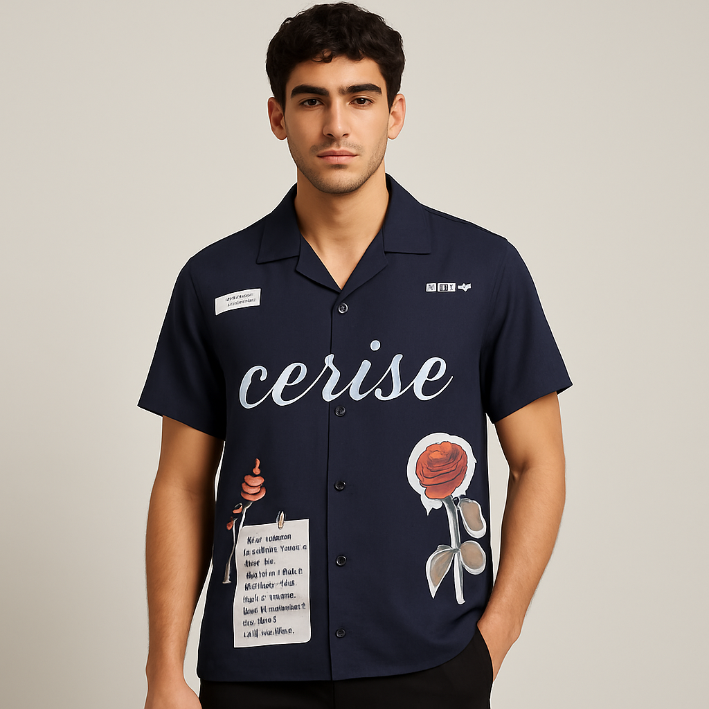 Navy Linen Short-Sleeve Shirt — Model Front View
