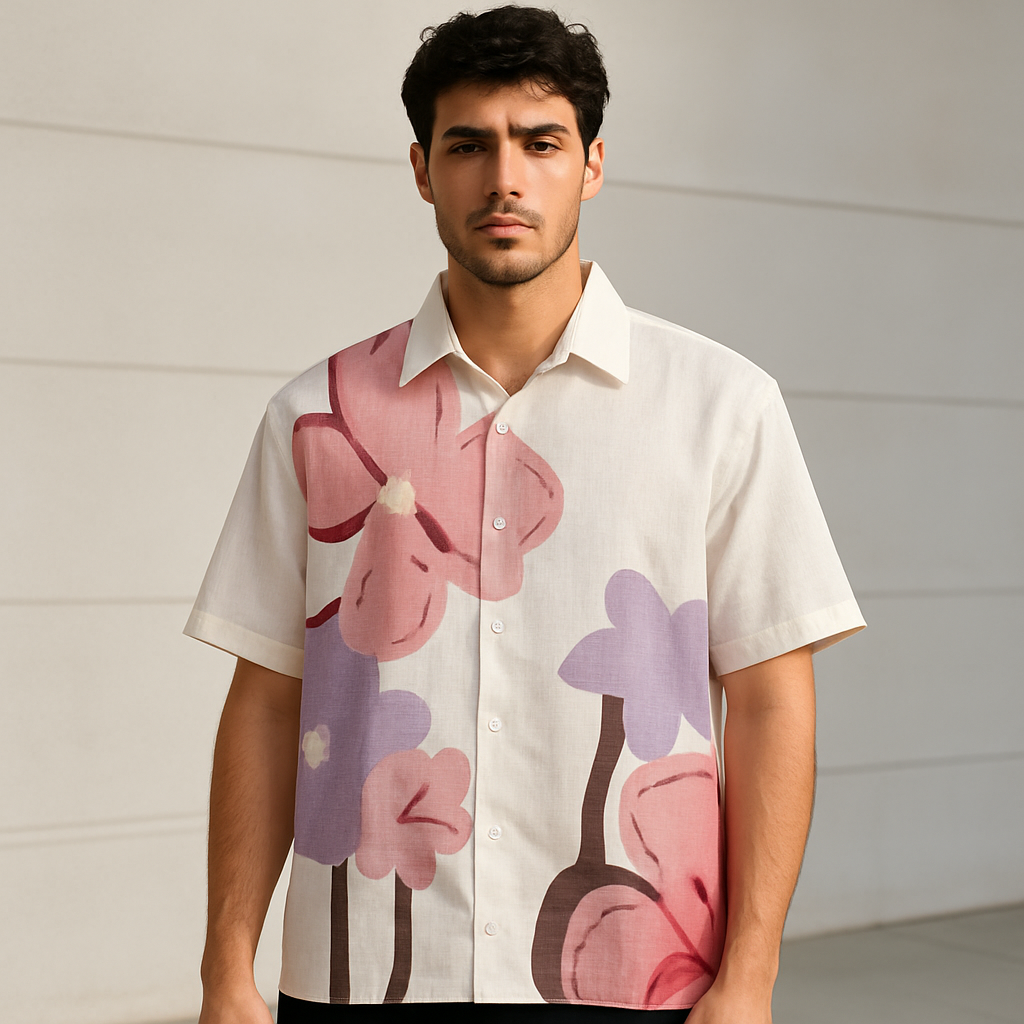 Oversized Floral Linen Shirt — Model Front View