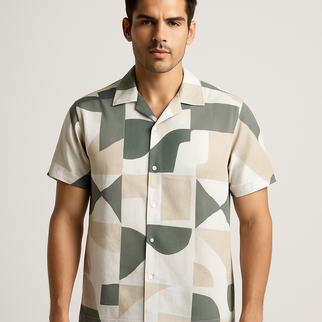 Abstract Geometry Camp Shirt — Model Front View