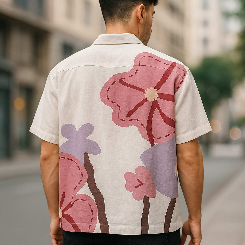 Oversized Floral Linen Shirt — Model Back View