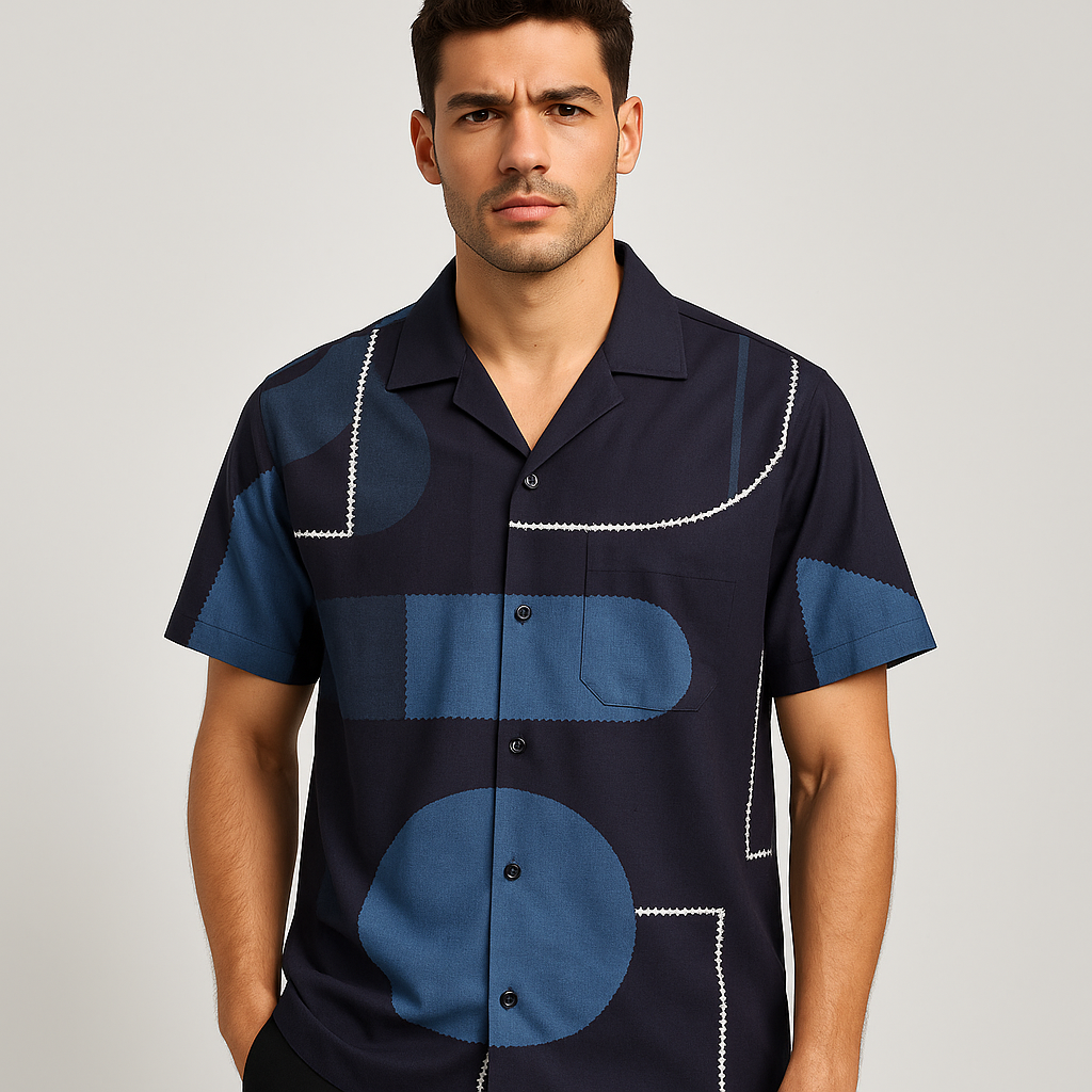 Indigo Patchwork Art Shirt — Model Front View