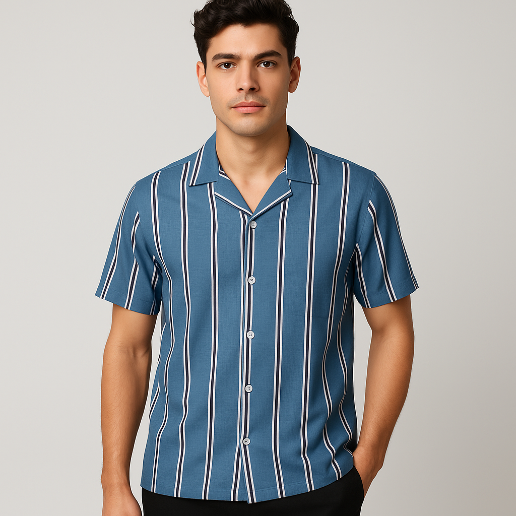 Classic Blue Stripe Camp Shirt — Model Front View