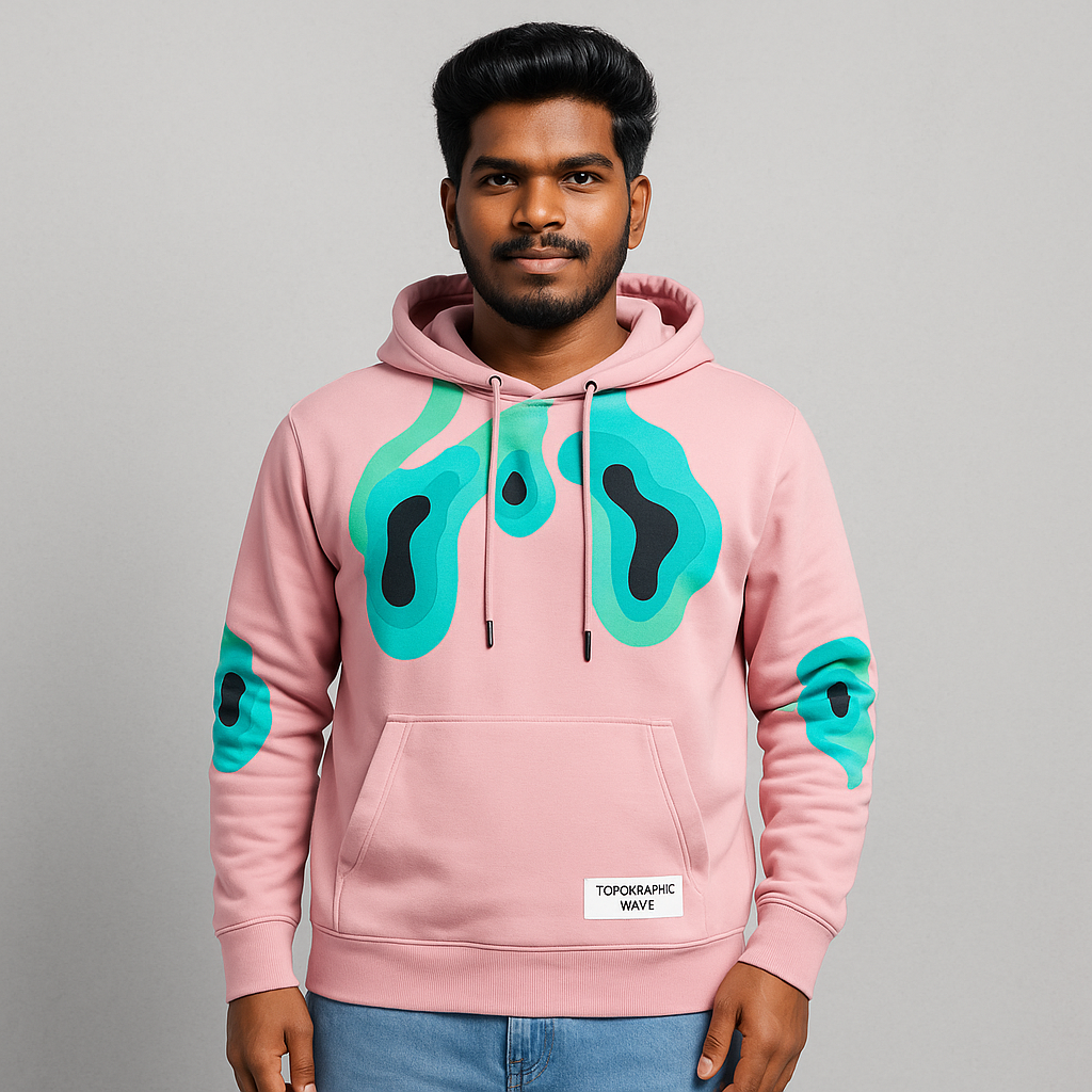 Topographic Wave Pink Hoodie — Model Front View