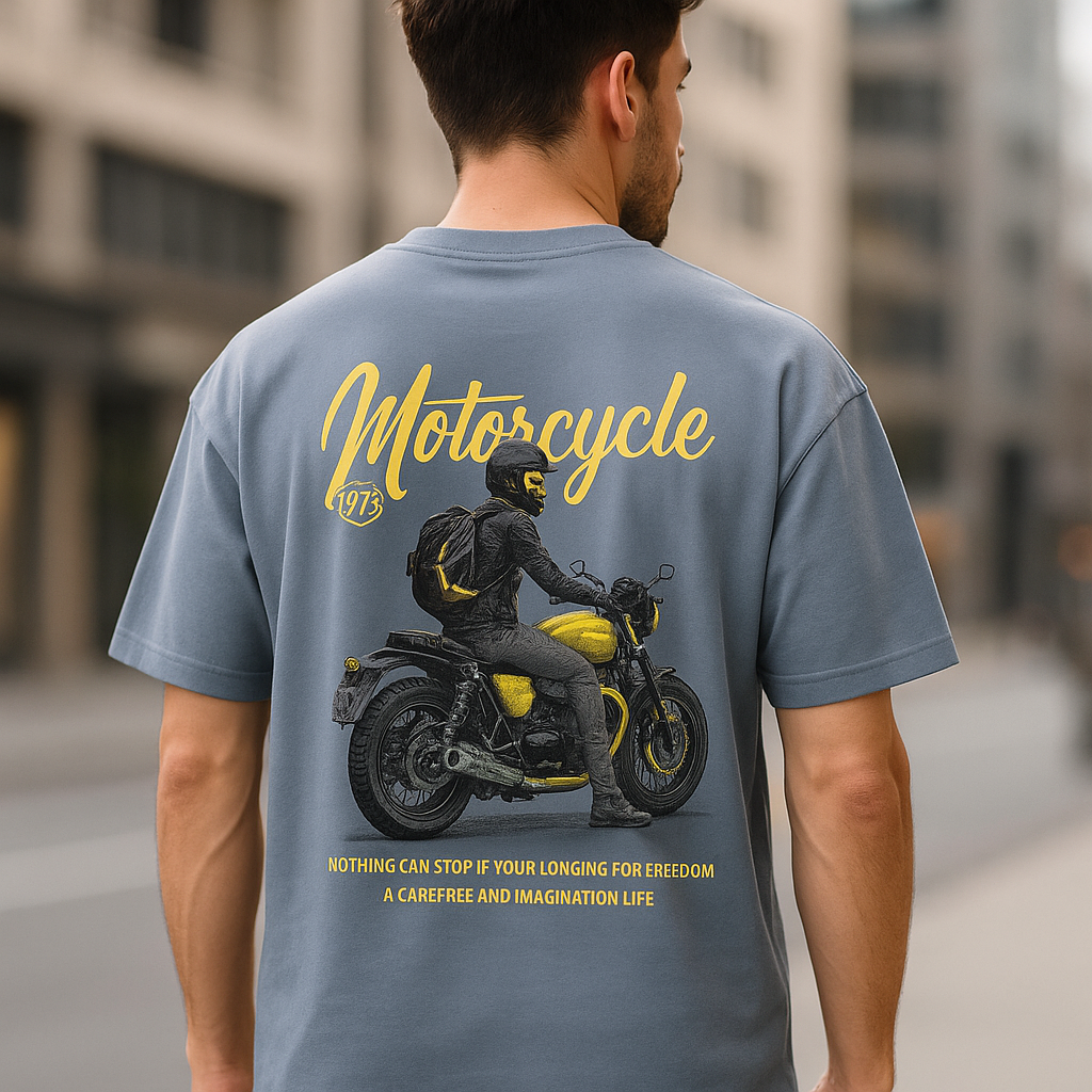 Motorcycle Dropshoulder T-shirt — AI Model Back